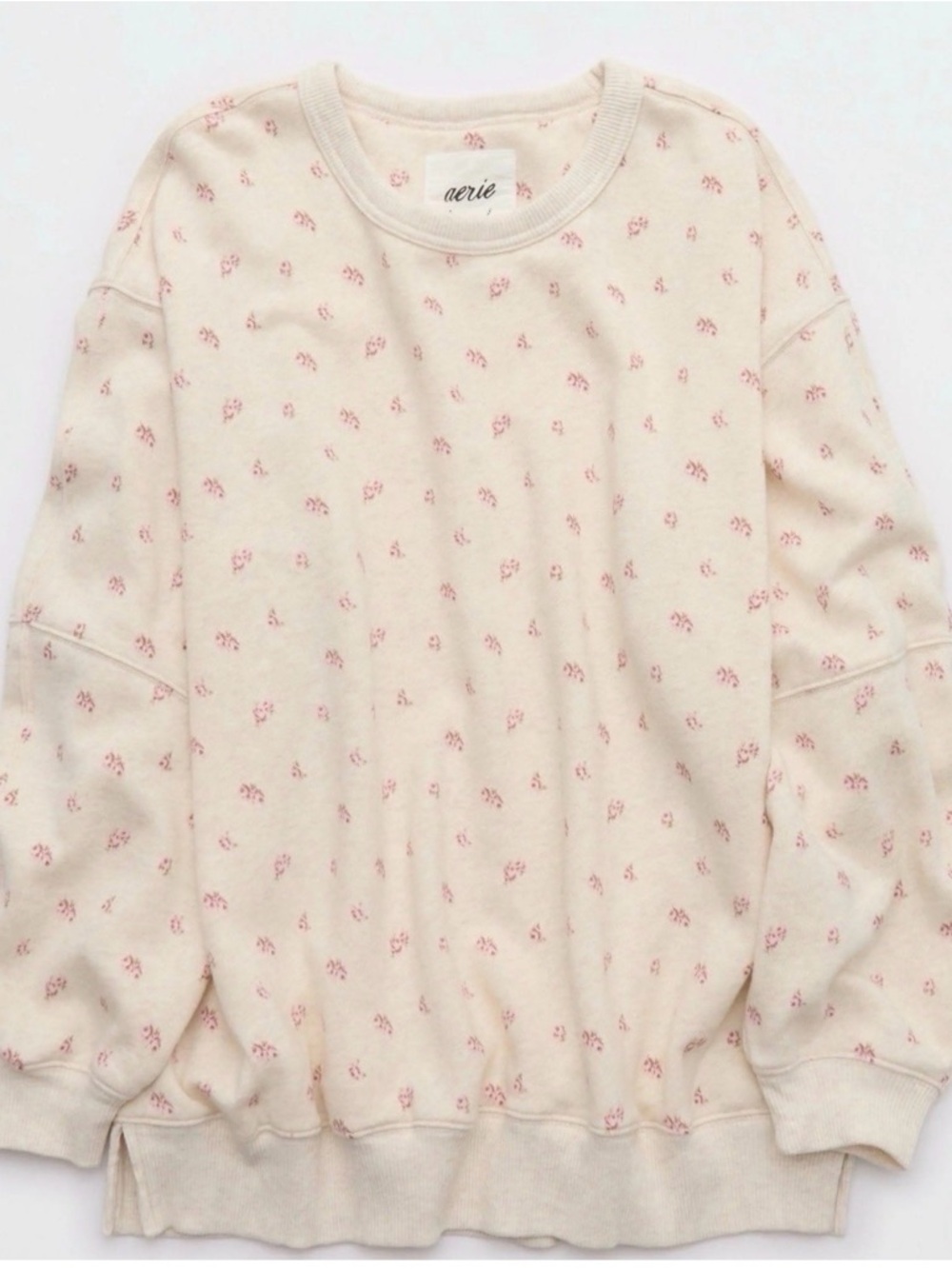 aerie Cream Sweatshirt with Pink Micro Floral Print